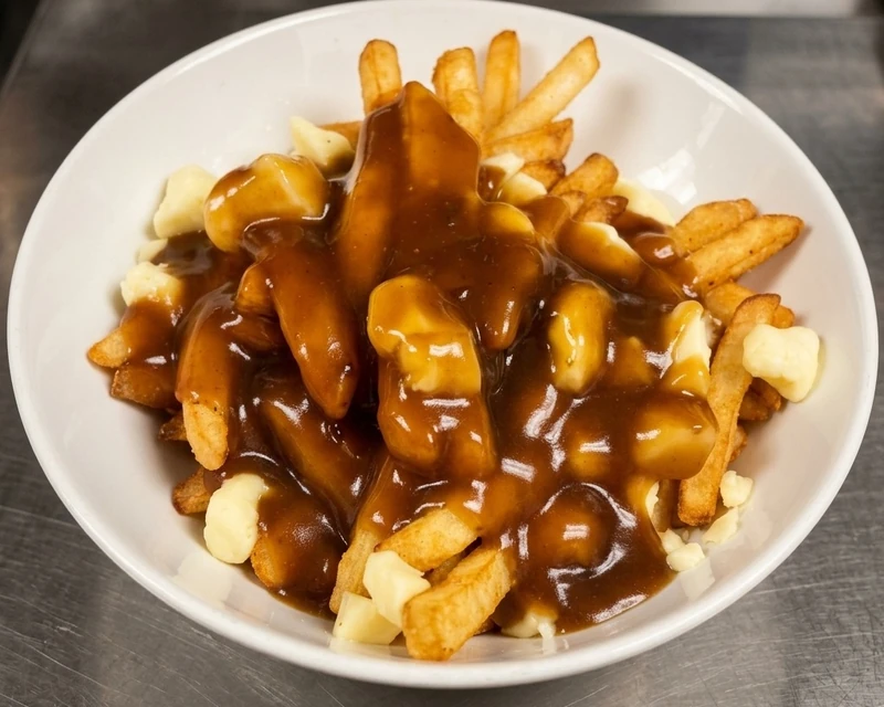 Poutine with cheese curds and gravy served at Nick's Lounge in Bonnyville, AB