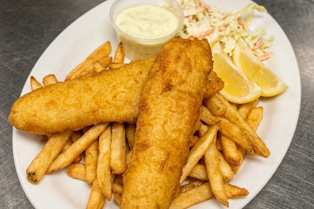 Beer battered fish and chips with tartar sauce at Nick's Lounge in Bonnyville, AB